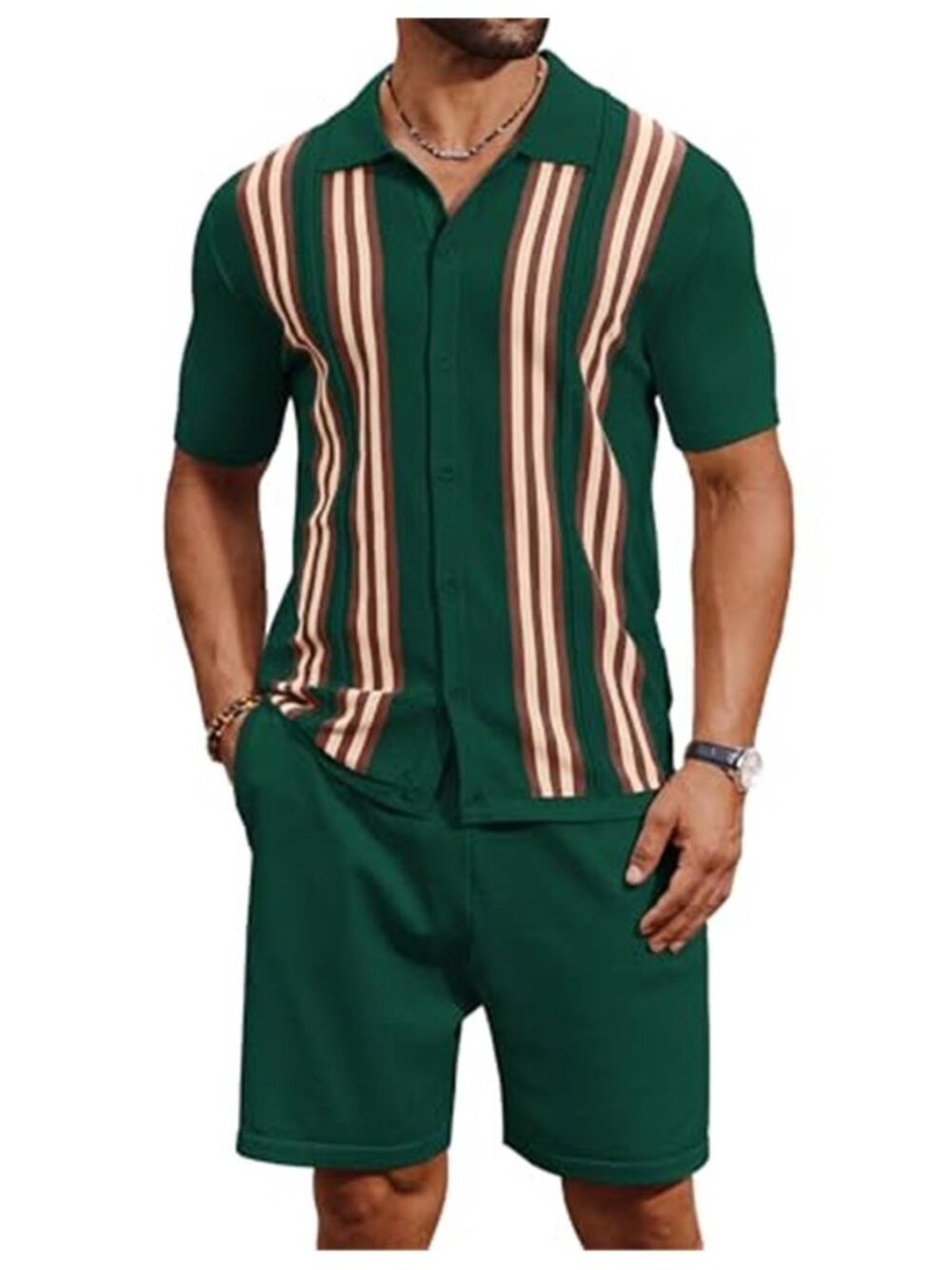 Men's 2 Piece Outfit Summer Short Set Vintage Knit Button Down Shirt